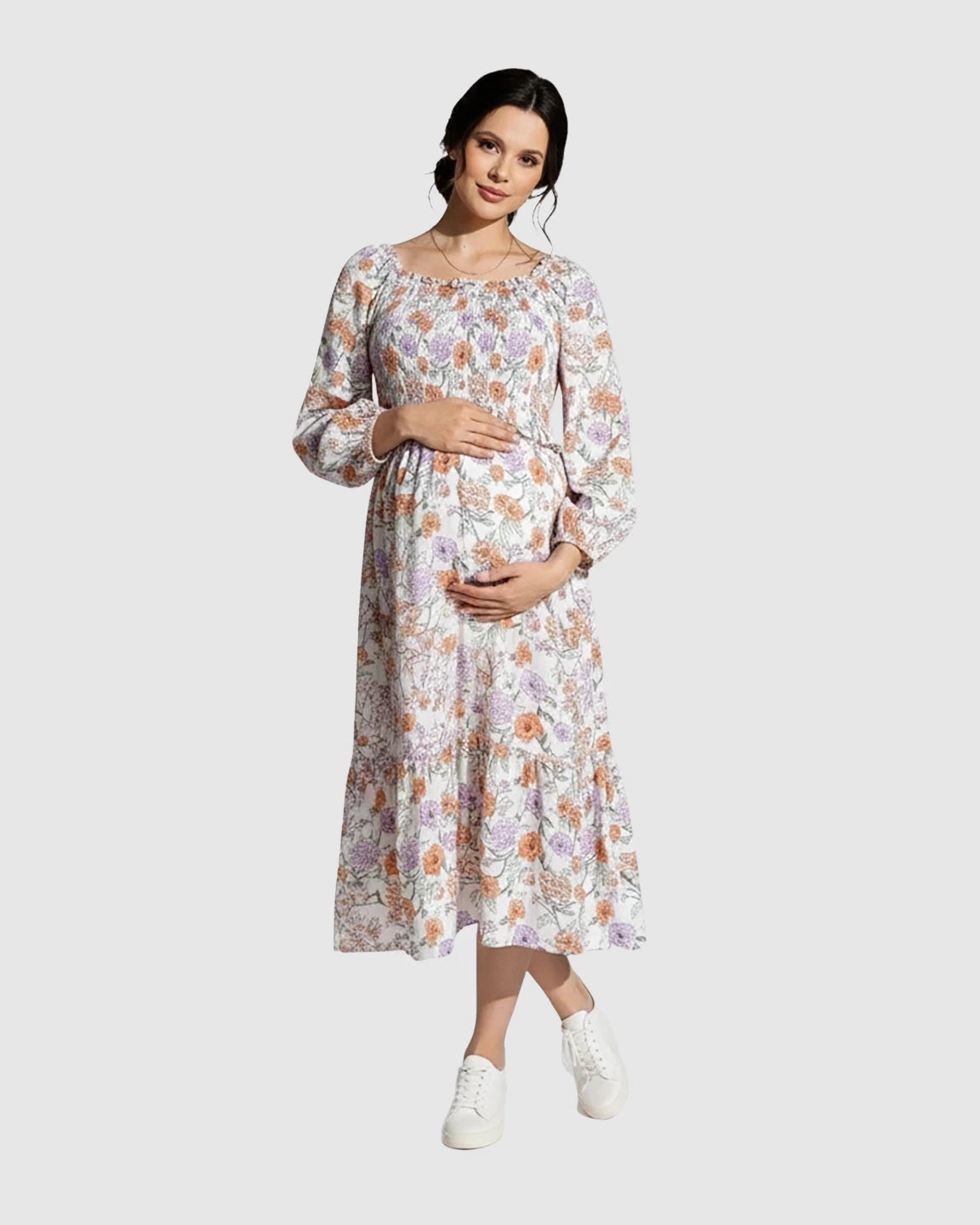 Floral Print Smocked Bodice Maternity Midi Dress