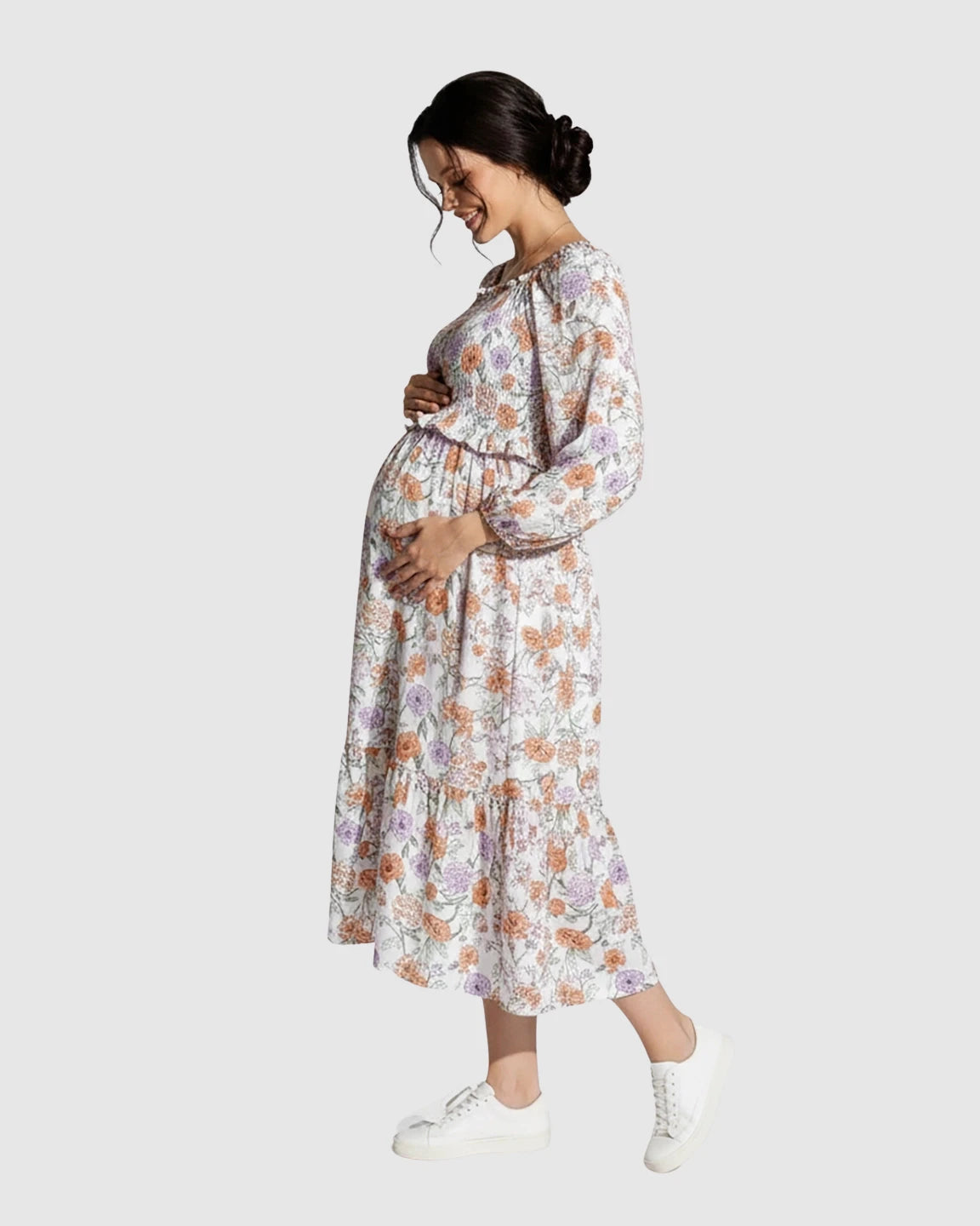Floral Print Smocked Bodice Maternity Midi Dress