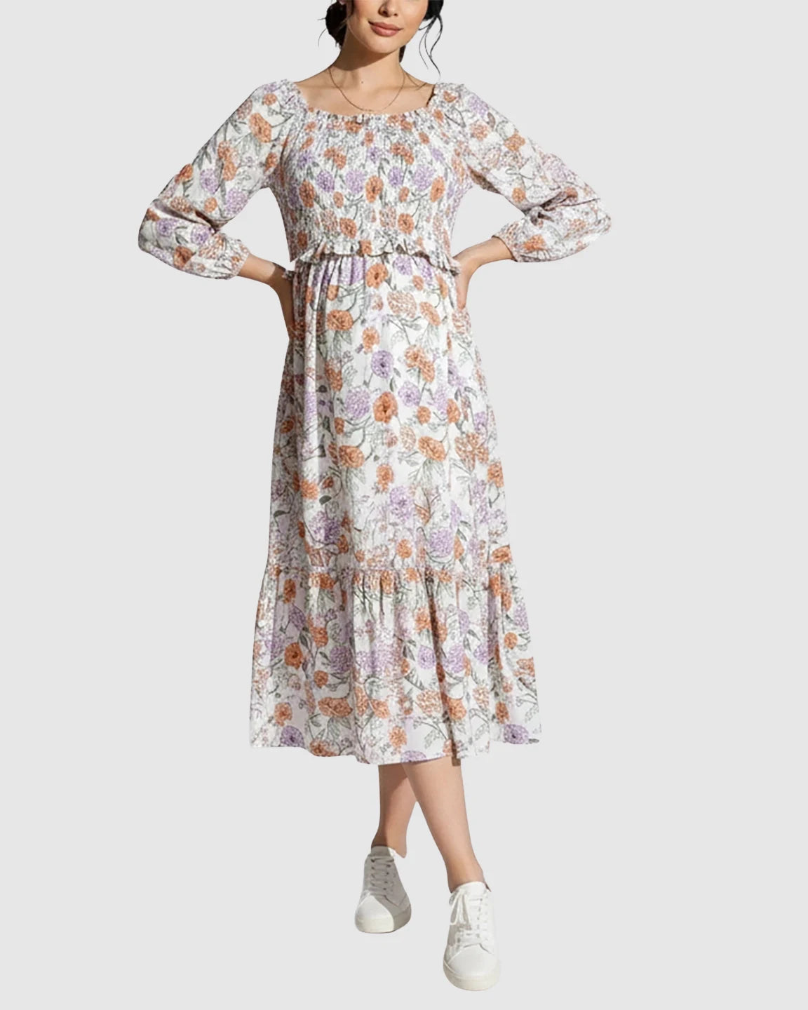 Floral Print Smocked Bodice Maternity Midi Dress