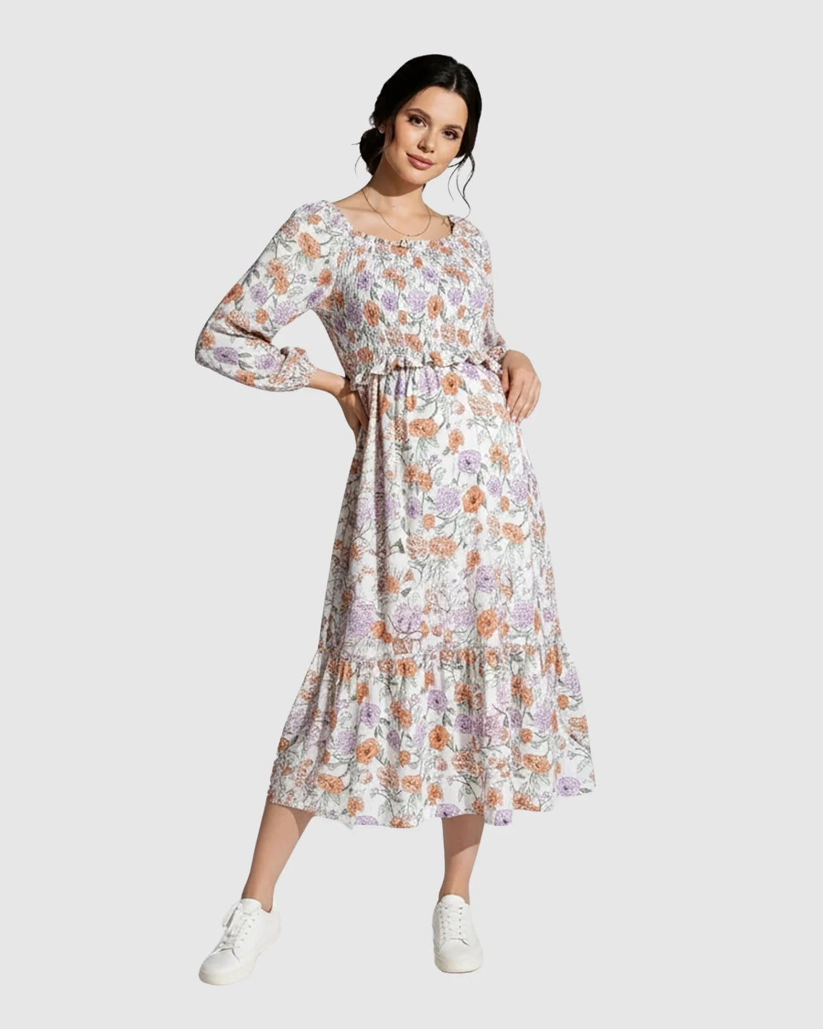 Floral Print Smocked Bodice Maternity Midi Dress