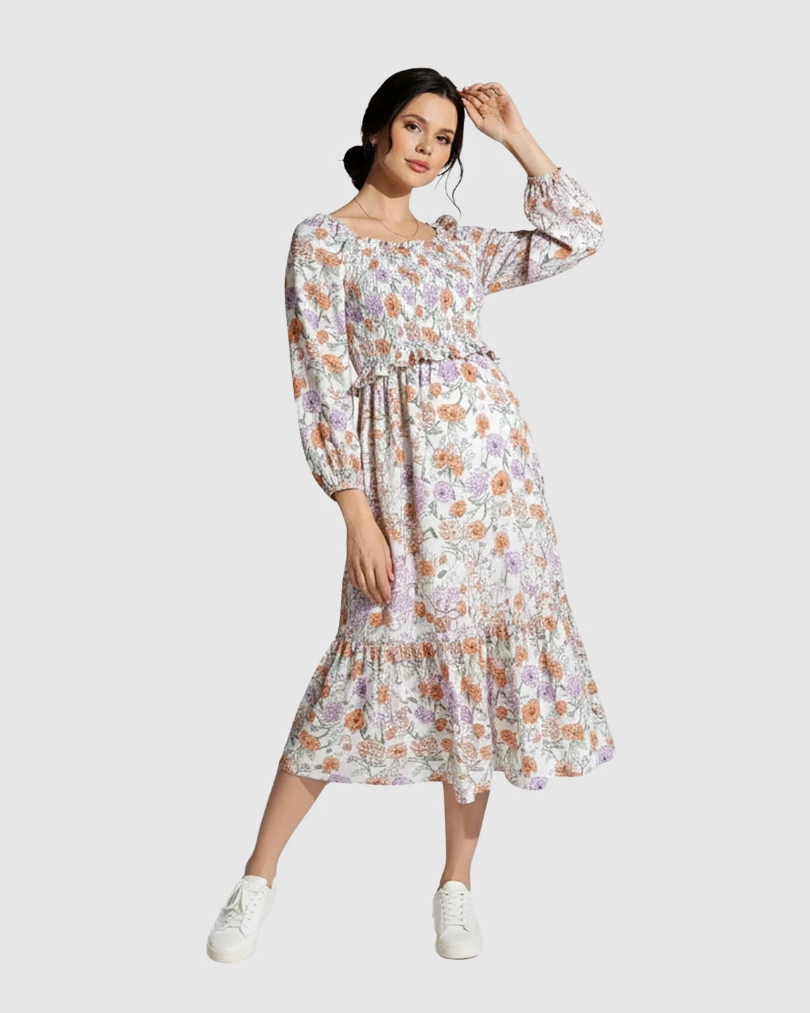 Floral Print Smocked Bodice Maternity Midi Dress