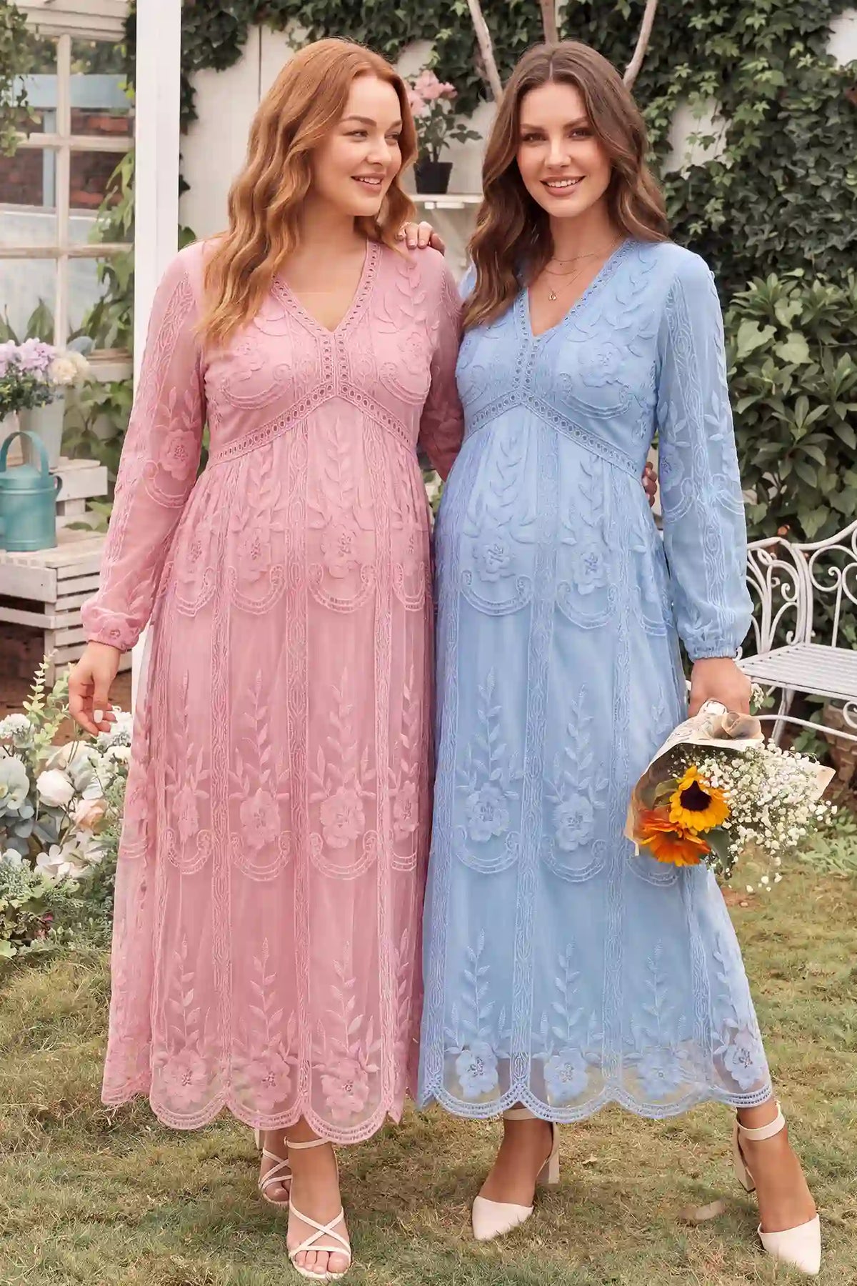 V-Neck Long Sleeve Lace Maternity Dress