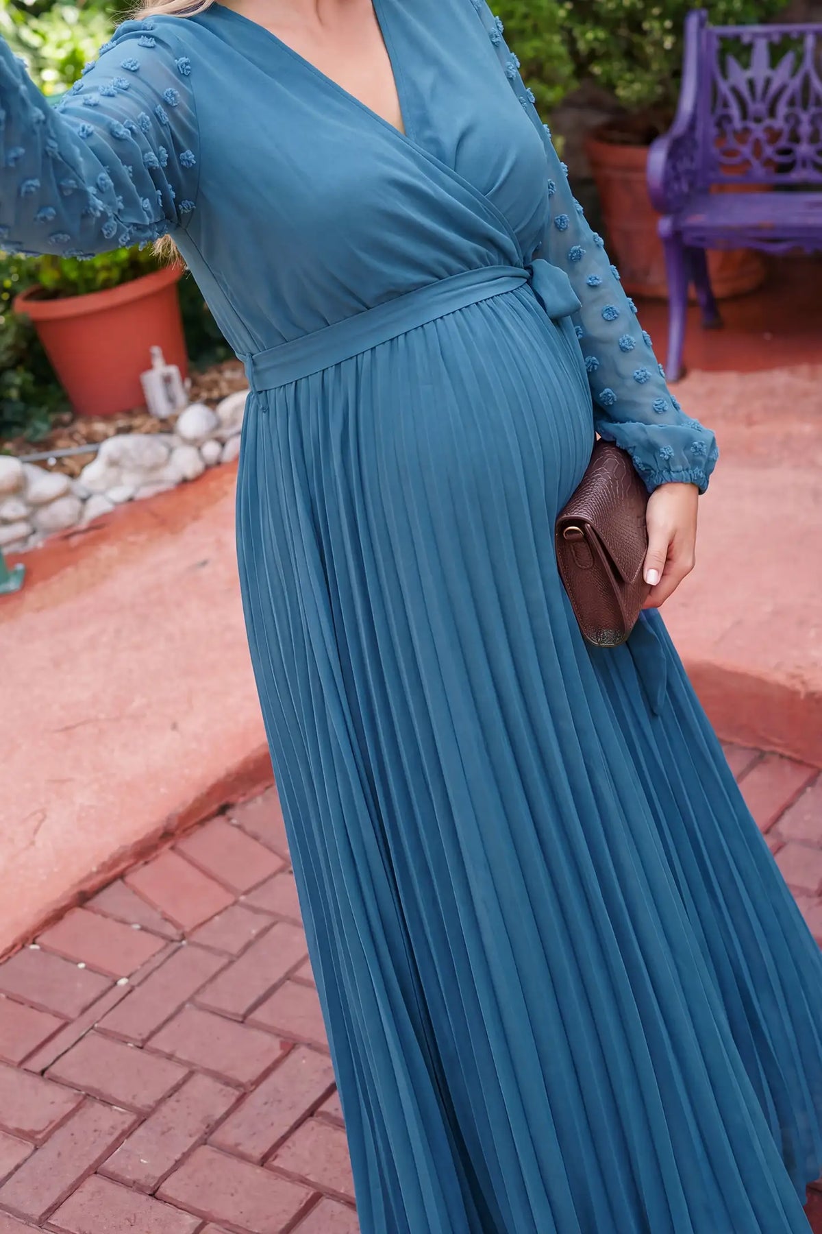 V Neck Mesh Sleeve Pleated Maternity Maxi Dress