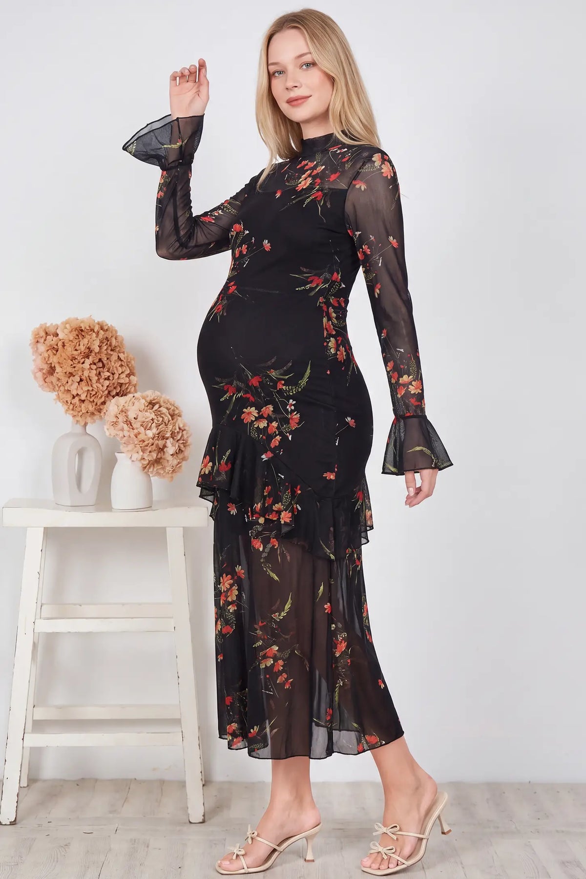 High Neck Long Sleeve Mesh Floral Maternity Dress