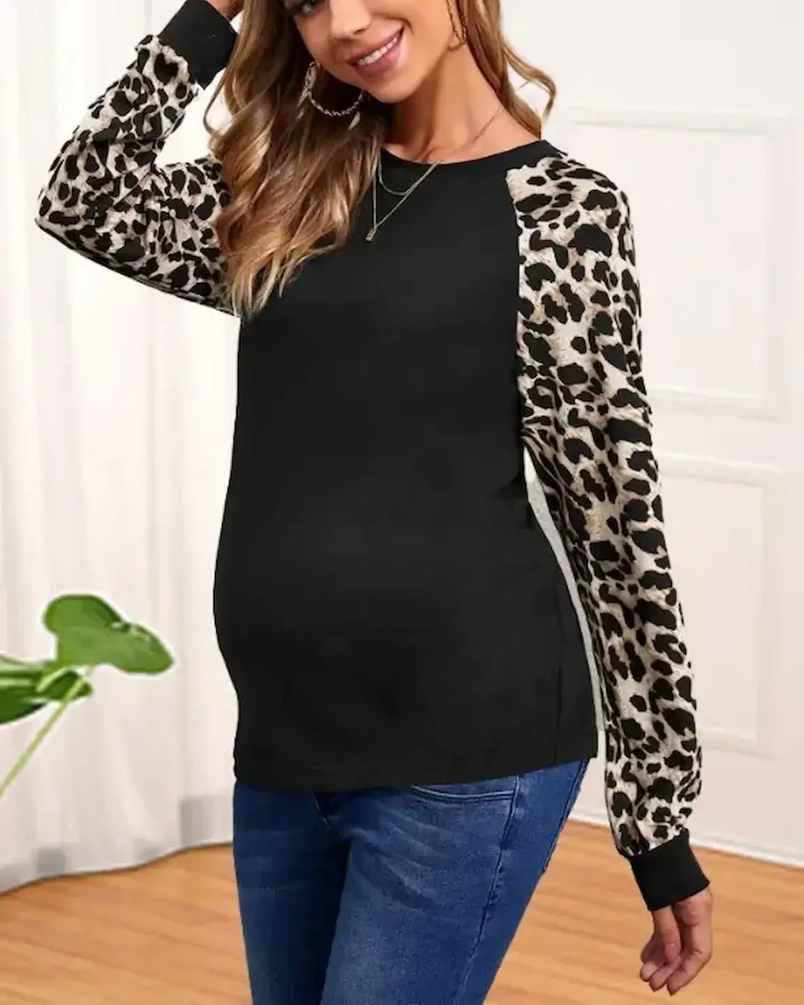 Soft Stretch Leopard Print Long Sleeve Maternity Top