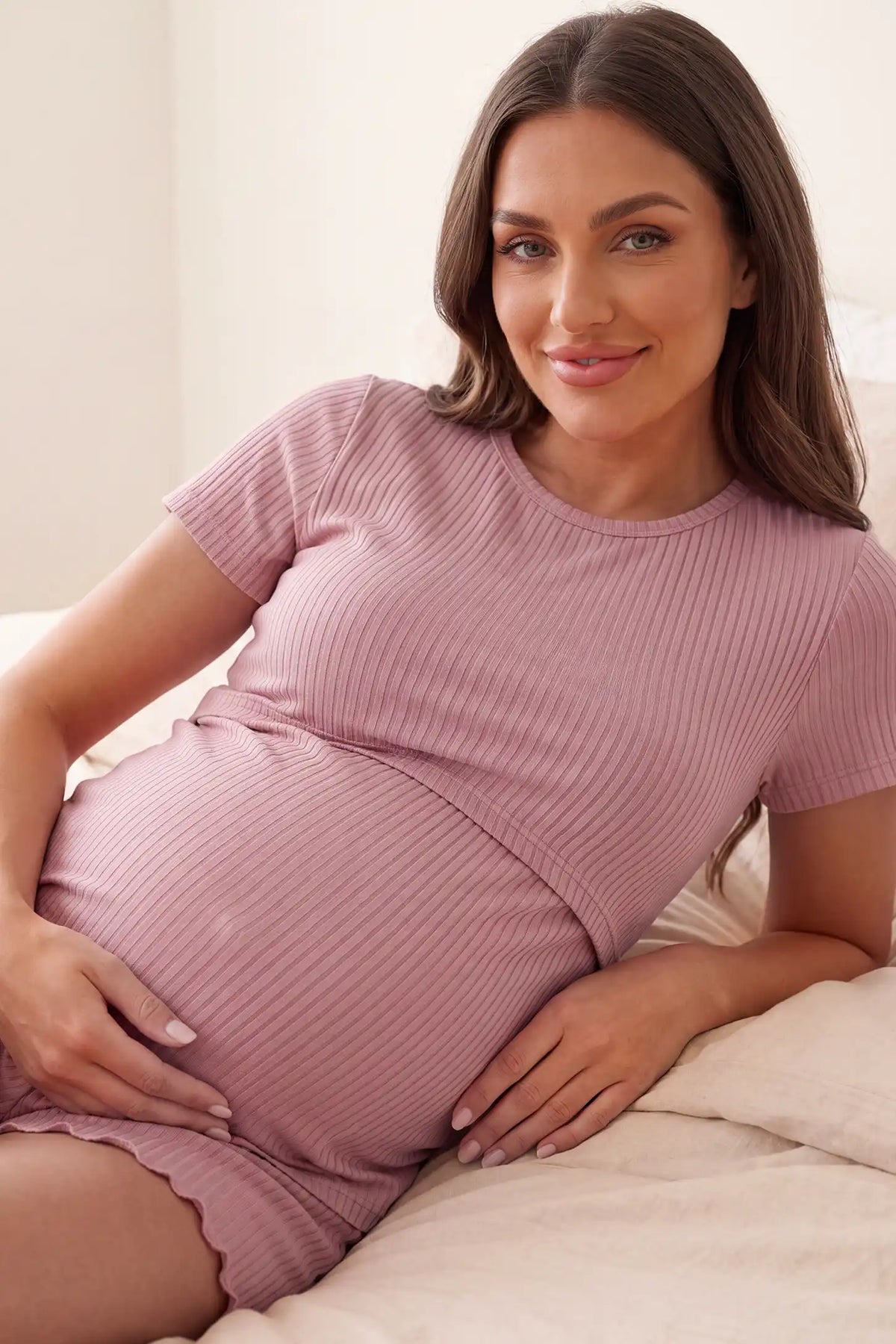 Ribbed Short Sleeve Top & Drawstring Shorts Maternity Nursing Lounge Set