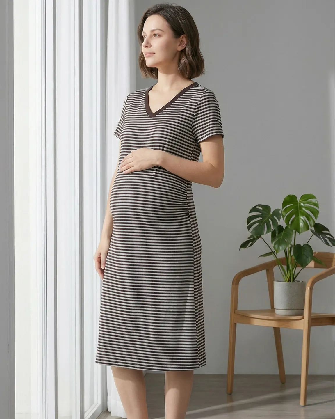 Striped V-Neck Straight Fit Maternity & Nursing Dress