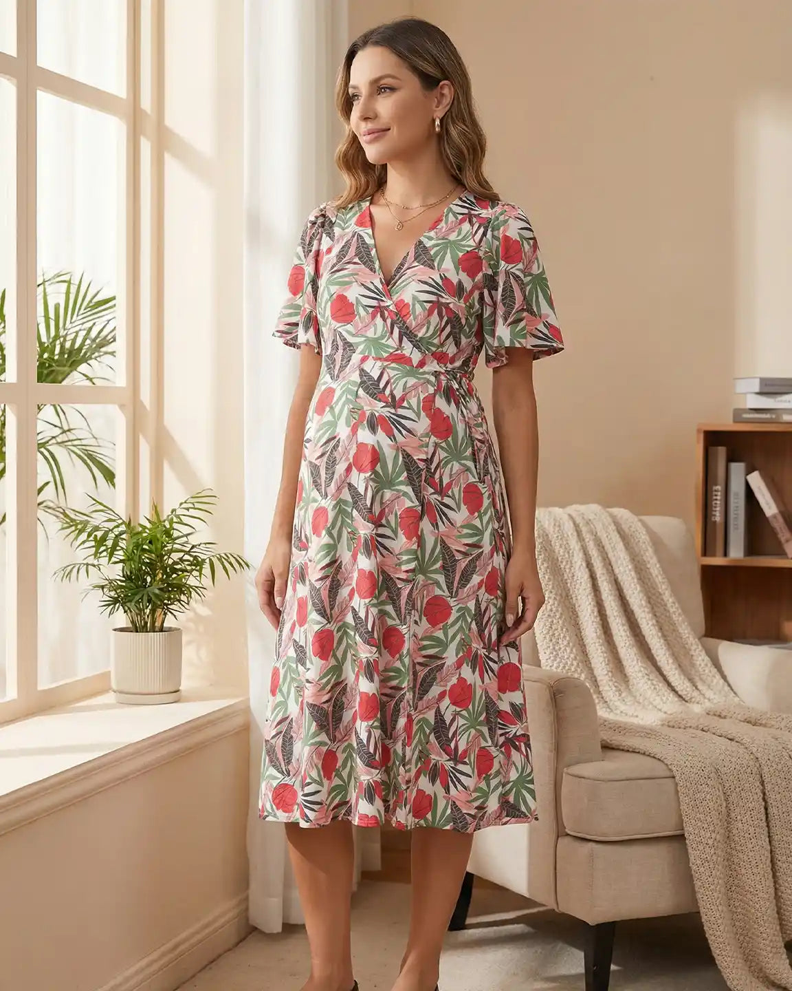 Side Tie Wrap Tropical Floral Maternity Midi Dress