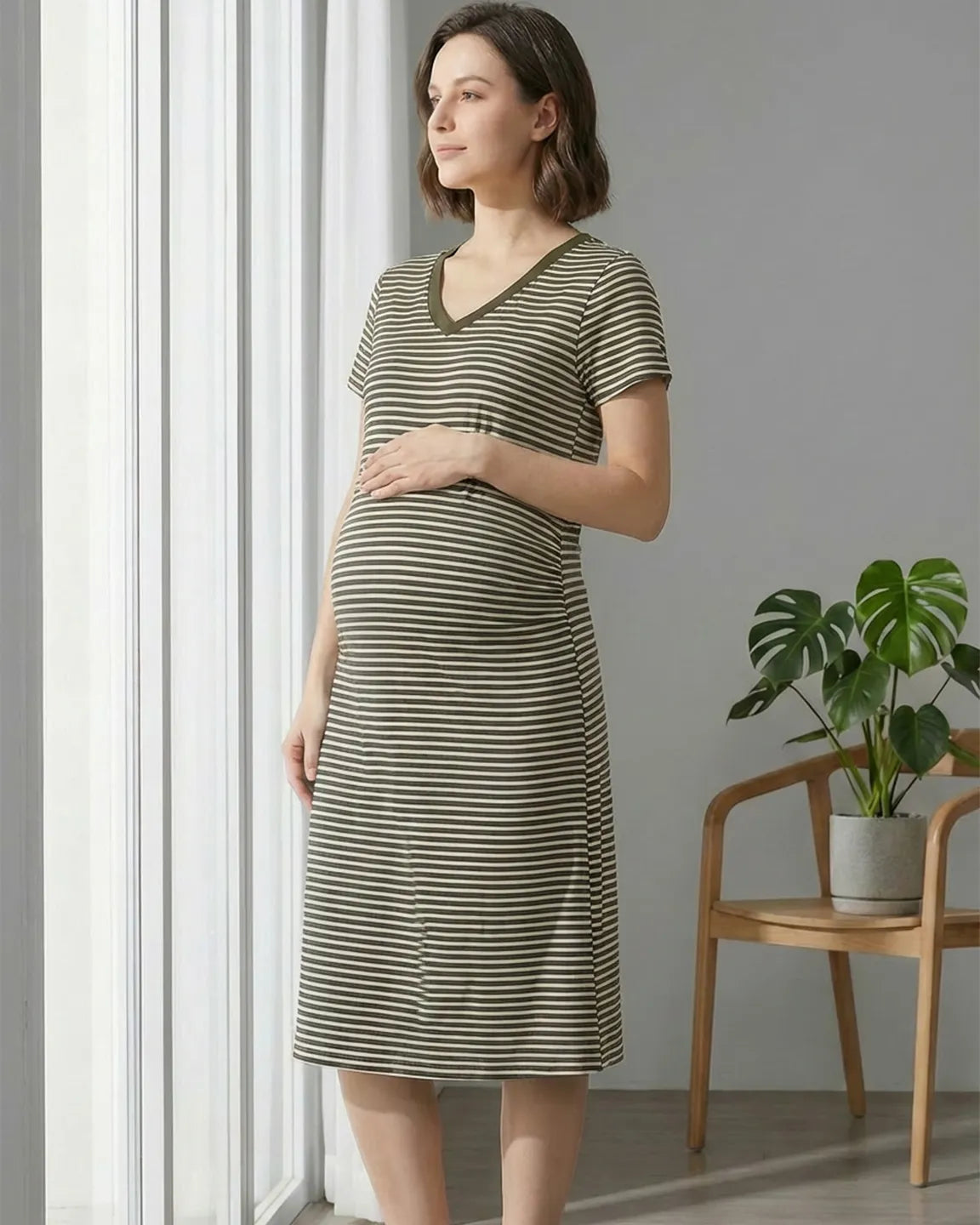 Striped V-Neck Straight Fit Maternity & Nursing Dress
