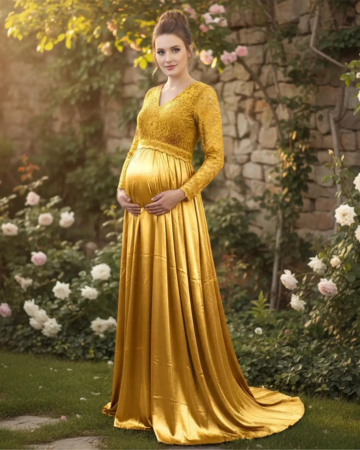 Lace Spliced Bodice Trailing Skirt Maternity Photoshoot Maxi Dress