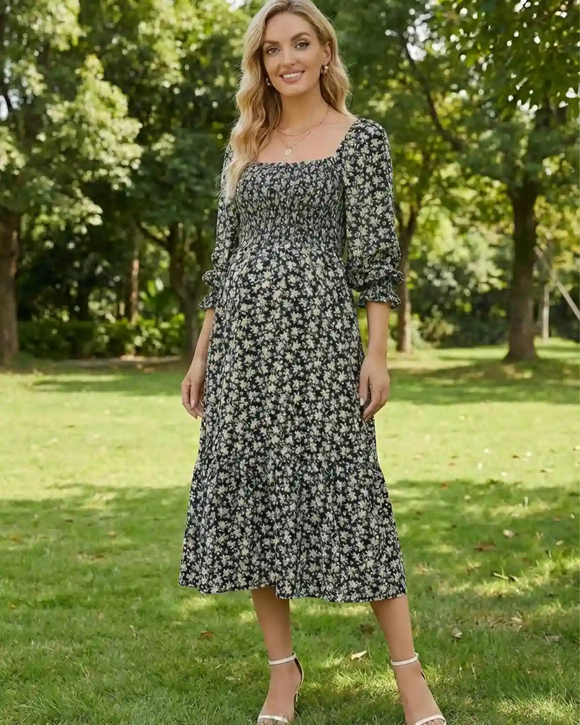 Smocked Long-Sleeve Maternity Midi Dress