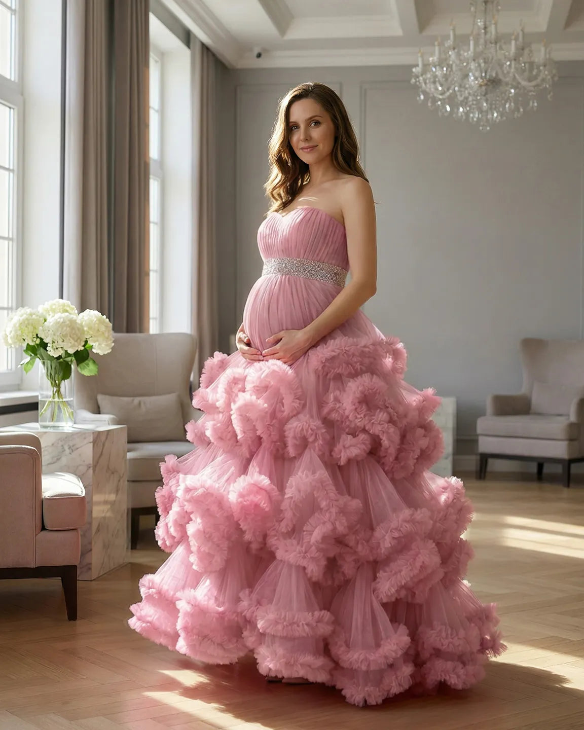 Strapless Bodice Multi-Layered Ruffled Skirt Maternity Photoshoot Dress