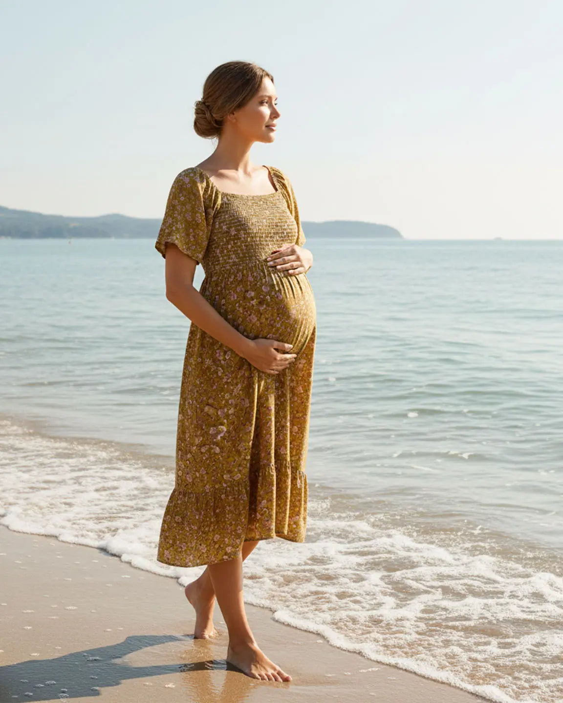 Smocked Bodice Floral Maternity Midi Dress