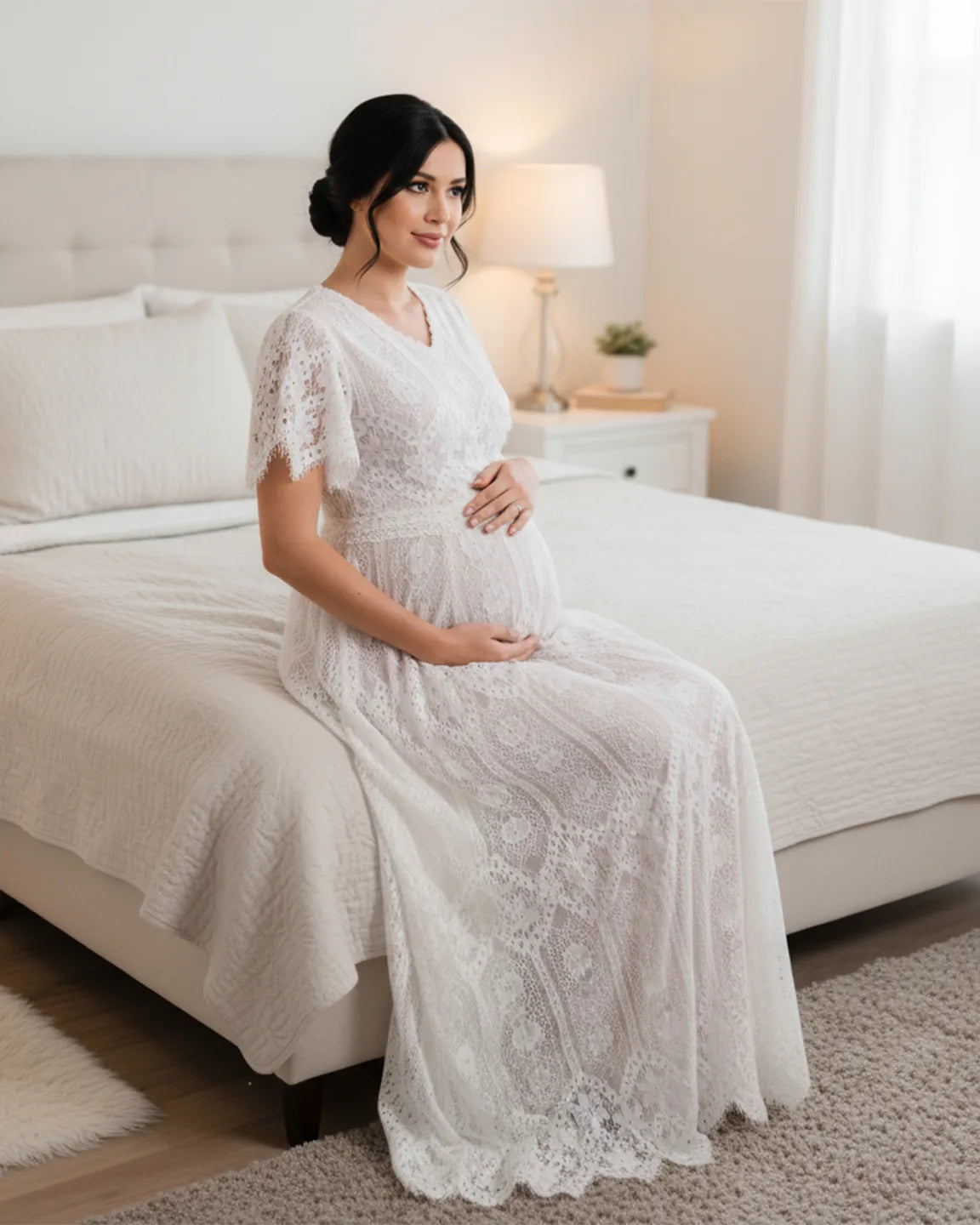 Vintage Lace Flutter-Sleeve Maternity Gown