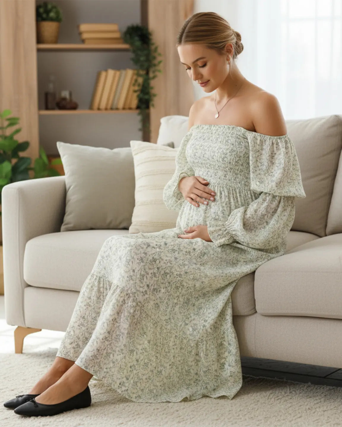 Floral Off-Shoulder Smocked Bodice Maternity Maxi Dress