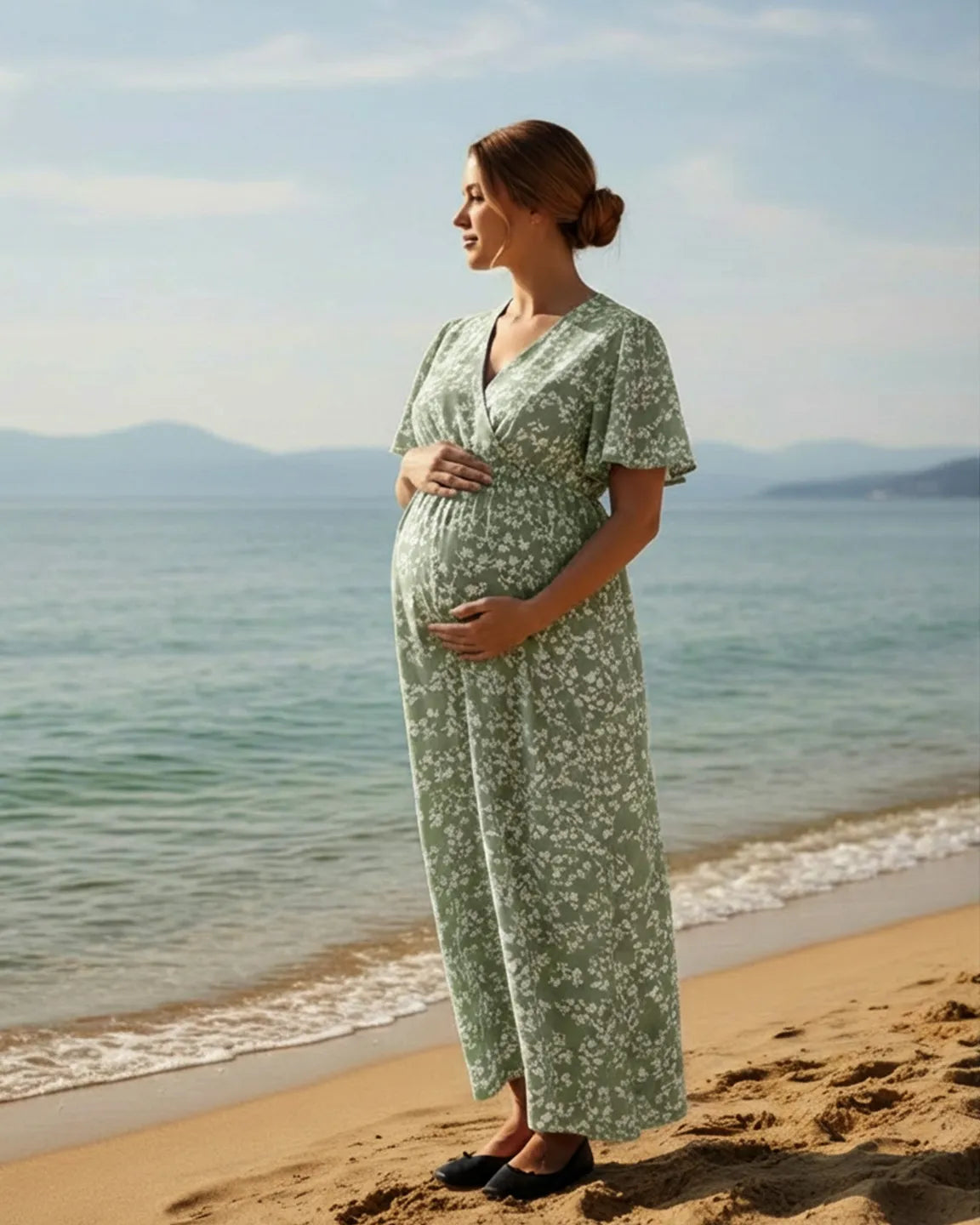 V-neck Bohemian Style Maternity Maxi Dress