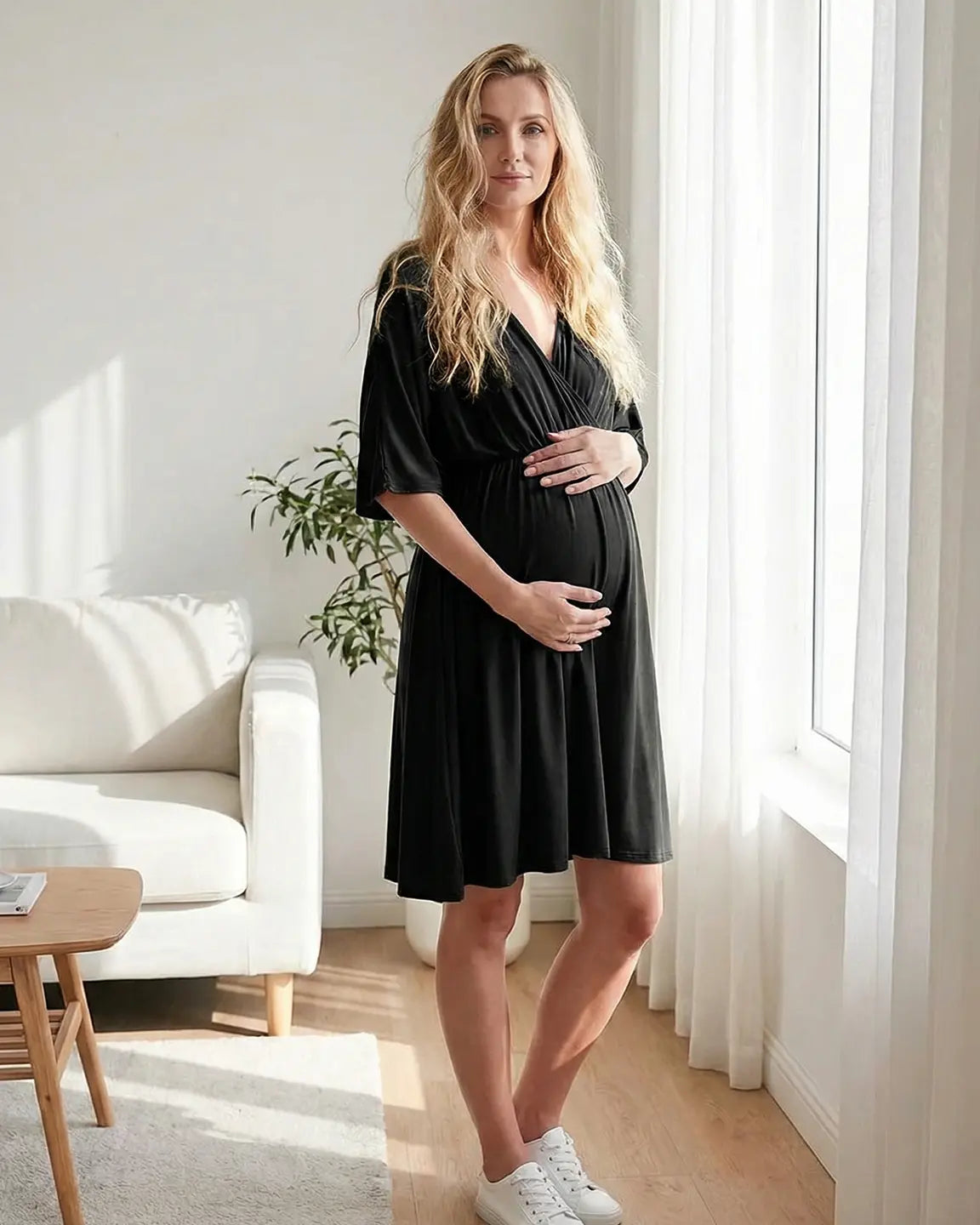 Cross-Front Romantic Style Maternity Midi Dress