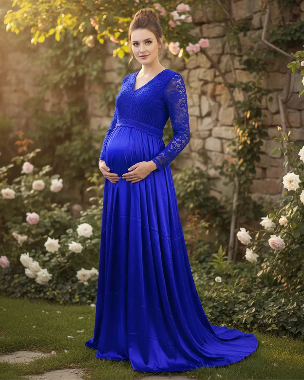 Lace Spliced Bodice Trailing Skirt Maternity Photoshoot Maxi Dress