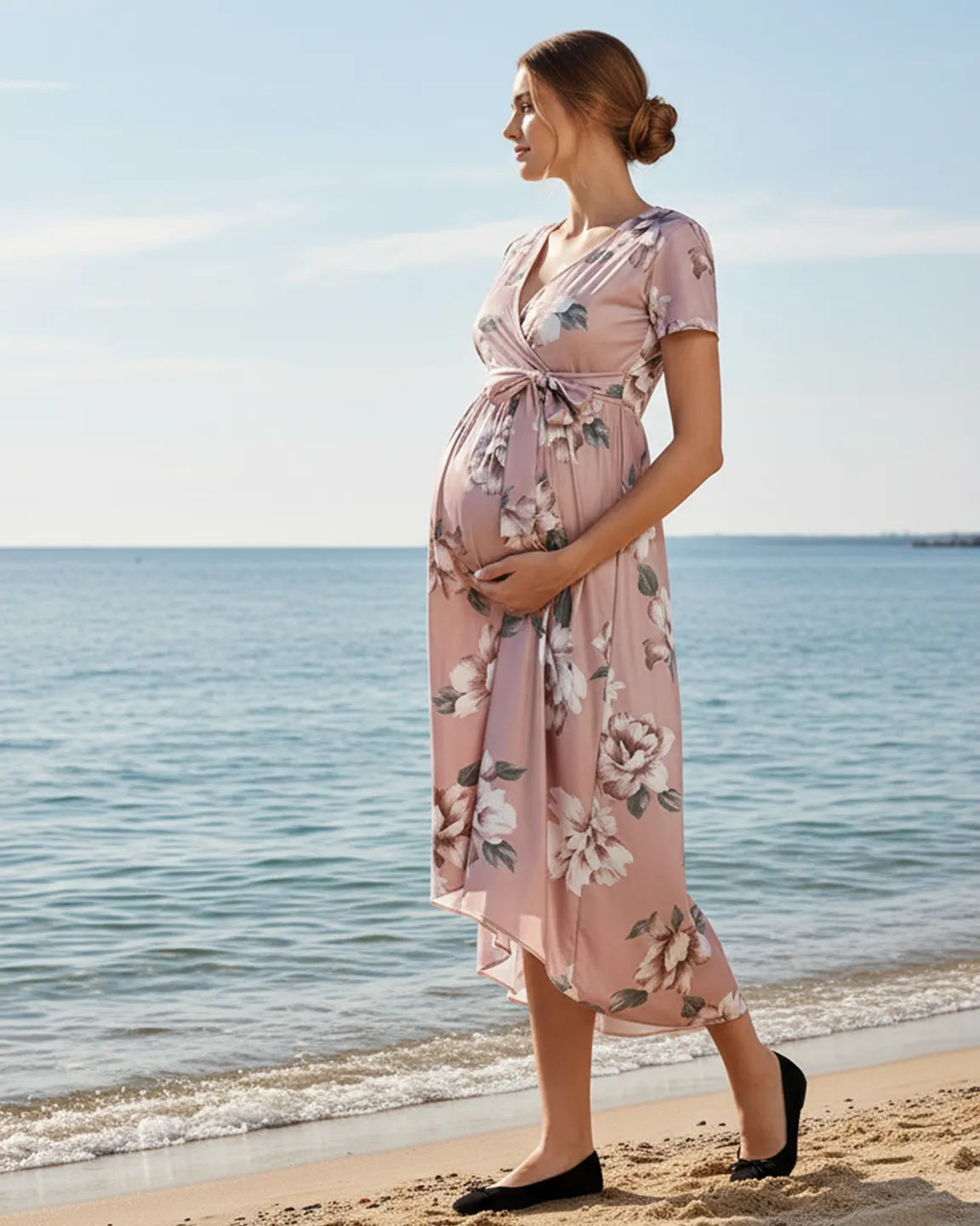 Wrap Style Front Floral Print Maternity Dress