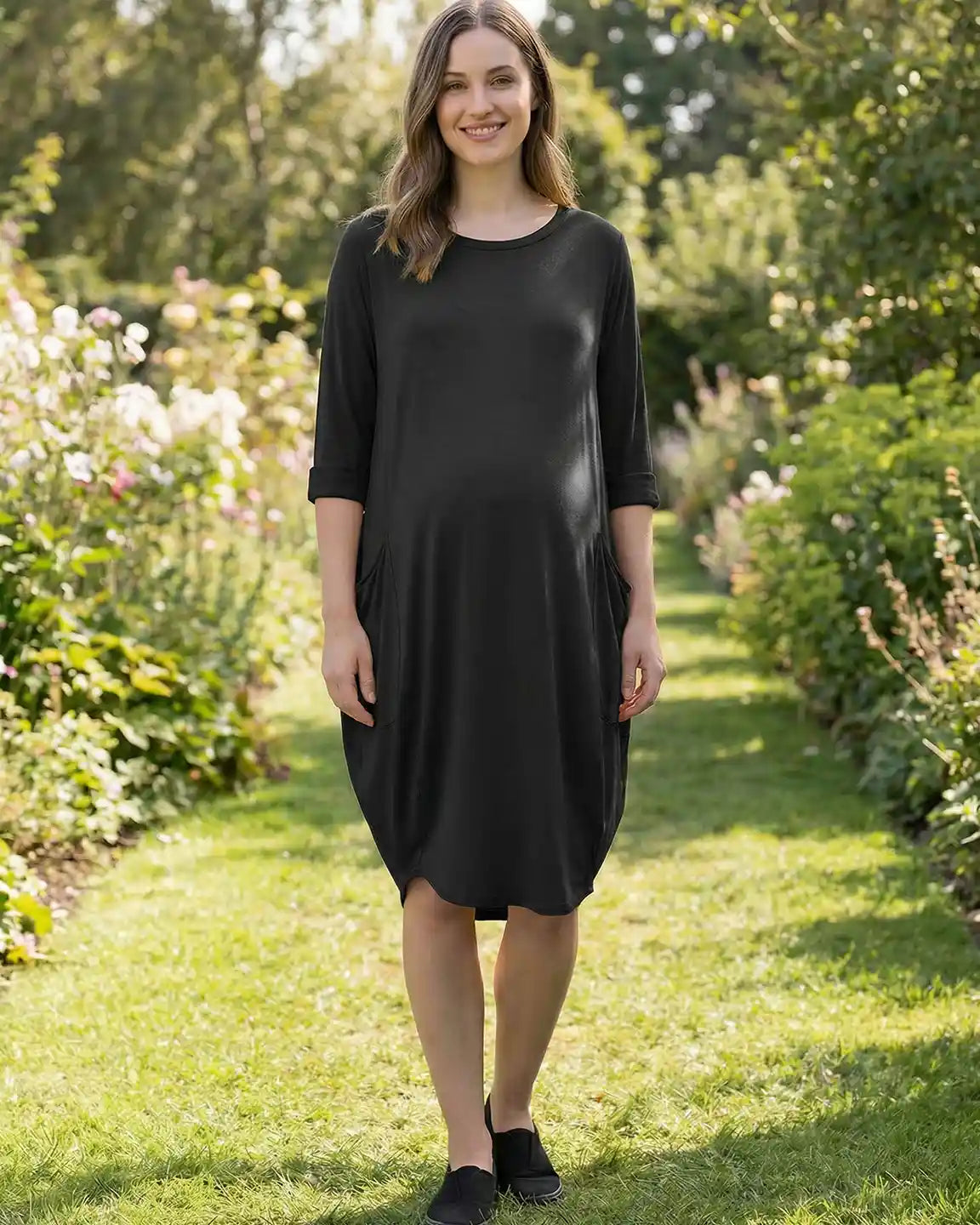 Pocketed Lantern Skirt Maternity Midi Dress