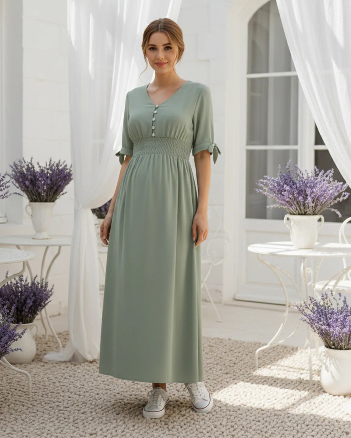 Button V-neck Empire Waist Maternity Maxi Dress