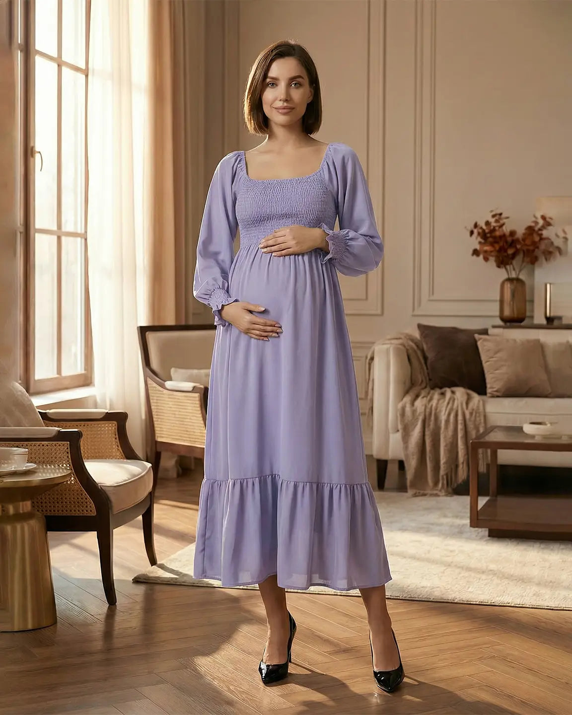 Smocked Square Neck Ruffled Hem Maternity Maxi Dress