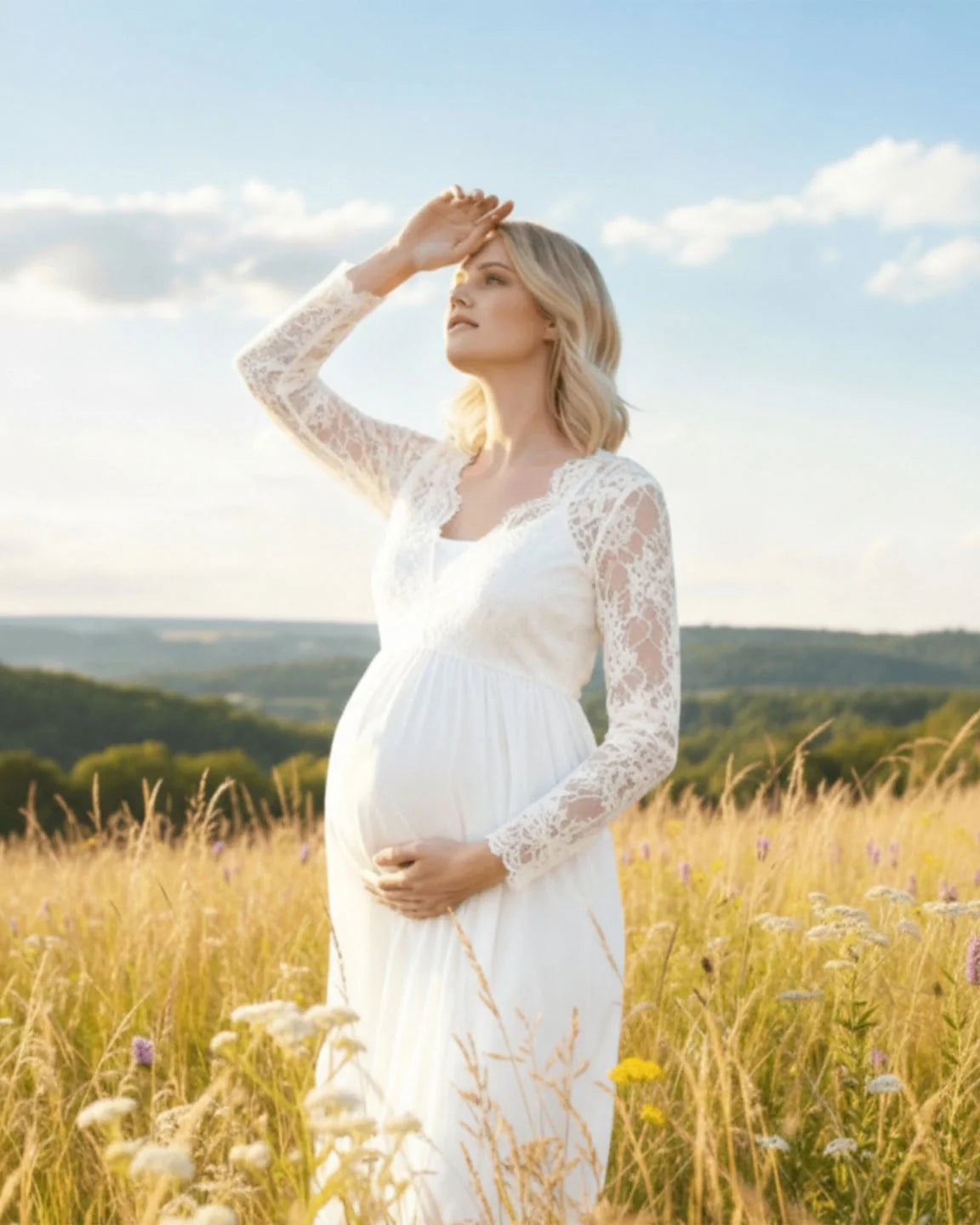 Scalloped Lace Neckline Elegant Maternity Gown