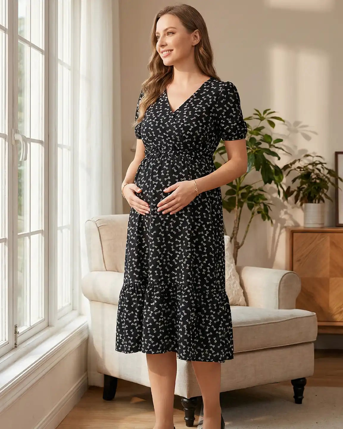 Bow Tie Print Cinched A-Line Maternity Dress