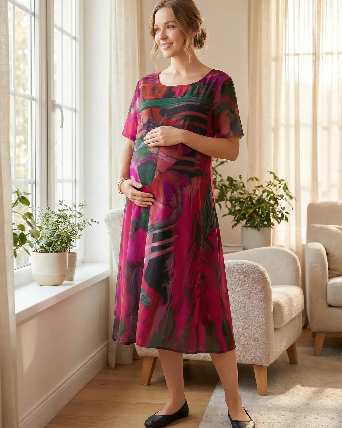 Red Abstract Print Empire Waist Maternity Dress