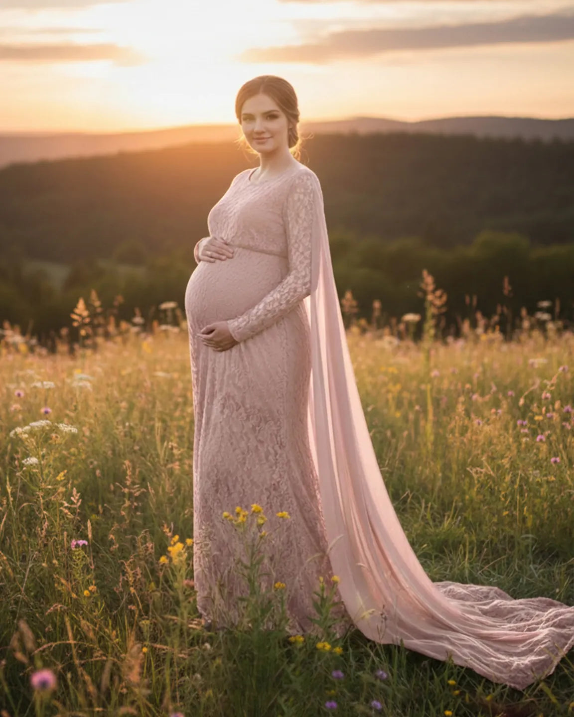 Lace Cape Trailing Maternity Photography Gown