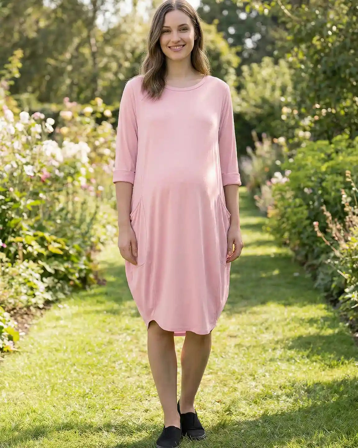 Pocketed Lantern Skirt Maternity Midi Dress