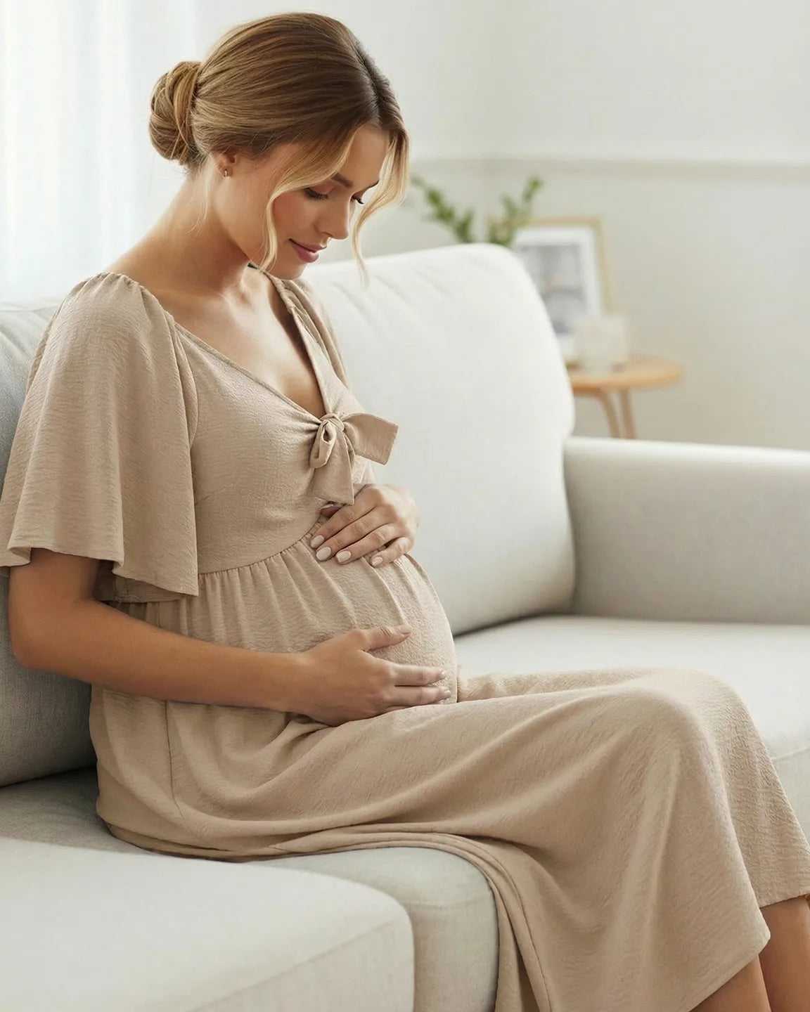 Tie-Knot Front Swing Silhouette Maternity Midi Dress