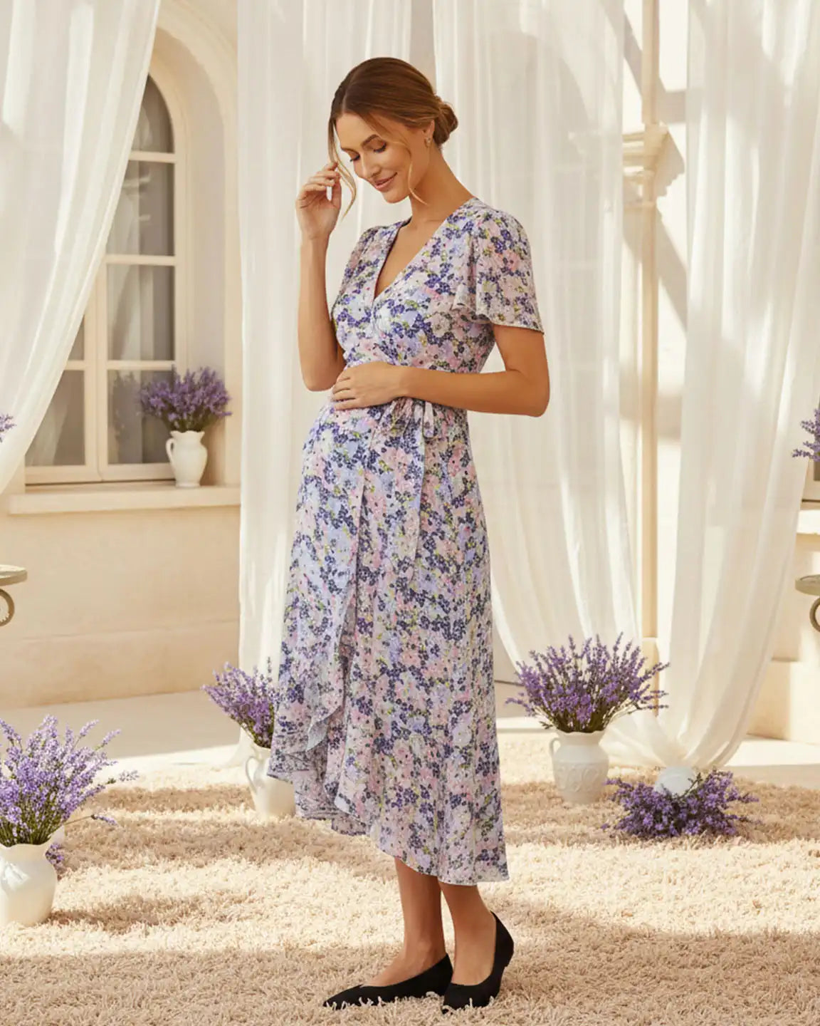 V-Neck Wrap-Style Floral Maternity Midi Dress