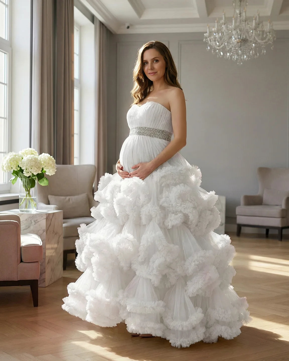 Strapless Bodice Multi-Layered Ruffled Skirt Maternity Photoshoot Dress