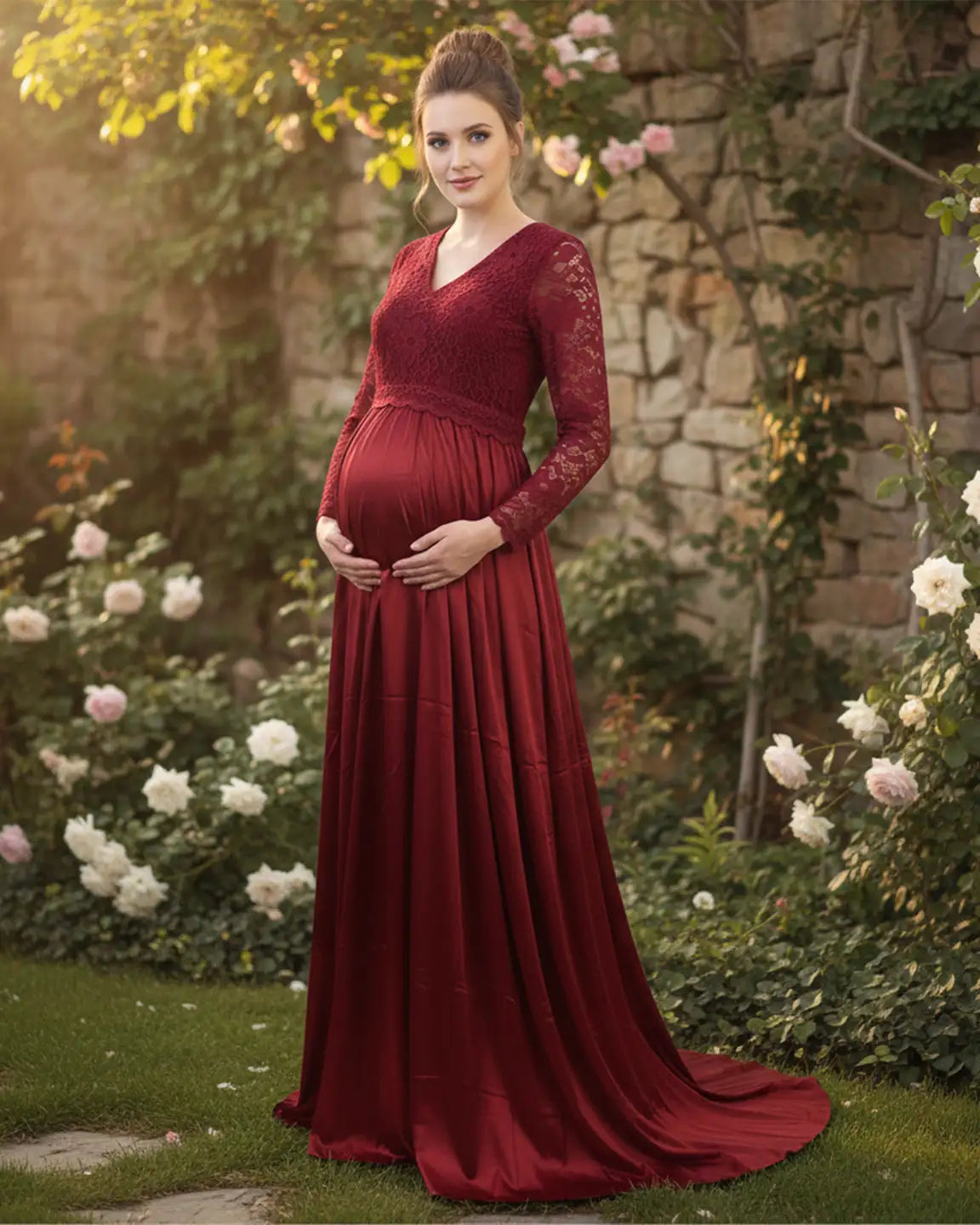 Lace Spliced Bodice Trailing Skirt Maternity Photoshoot Maxi Dress