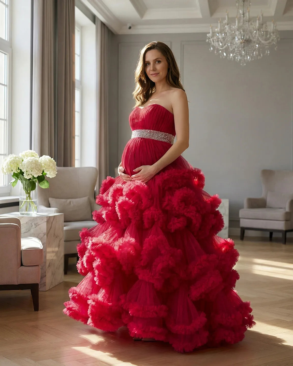 Strapless Bodice Multi-Layered Ruffled Skirt Maternity Photoshoot Dress