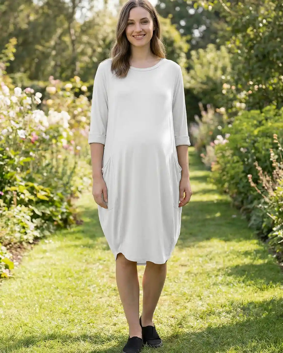 Pocketed Lantern Skirt Maternity Midi Dress