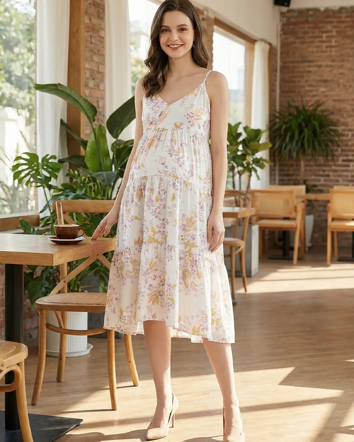 Floral V-Neck Tiered Skirt Maternity Nightgown