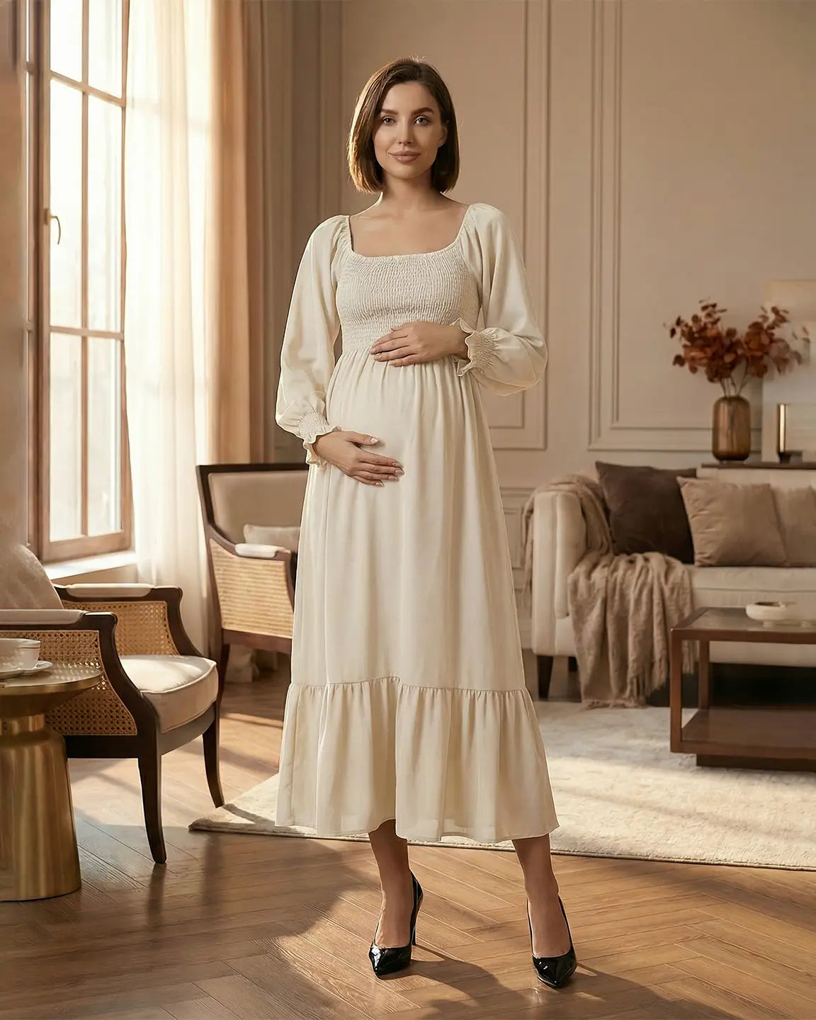 Smocked Square Neck Ruffled Hem Maternity Maxi Dress