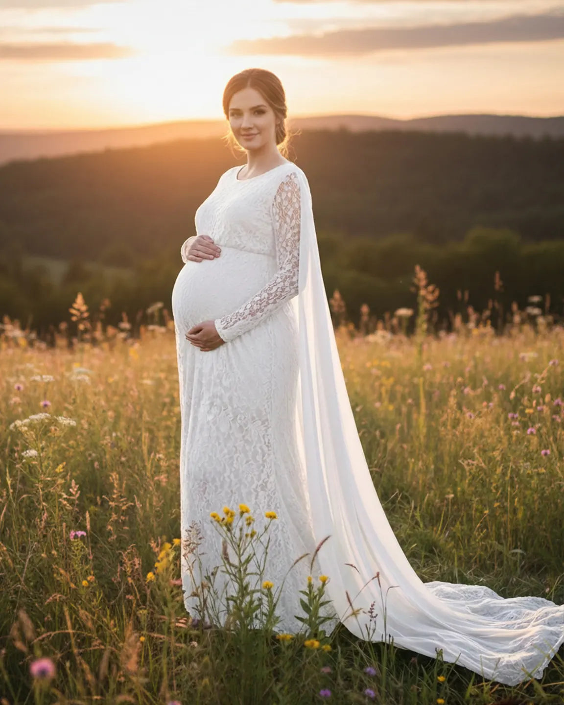 Lace Cape Trailing Maternity Photography Gown