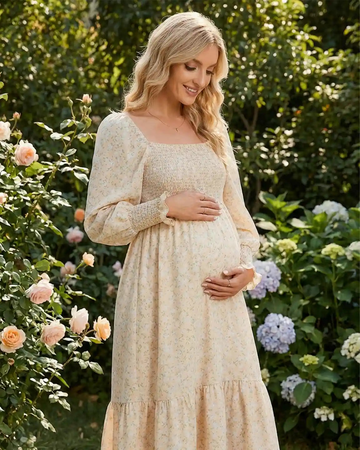 Shirred Bodice Boho Maternity Midi Dress