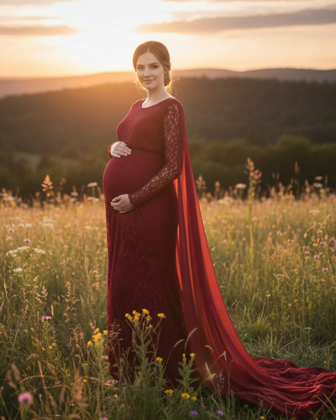 Lace Cape Trailing Maternity Photography Gown