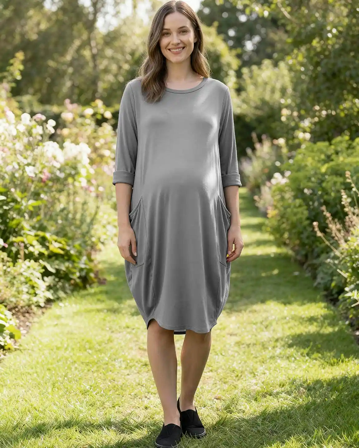 Pocketed Lantern Skirt Maternity Midi Dress