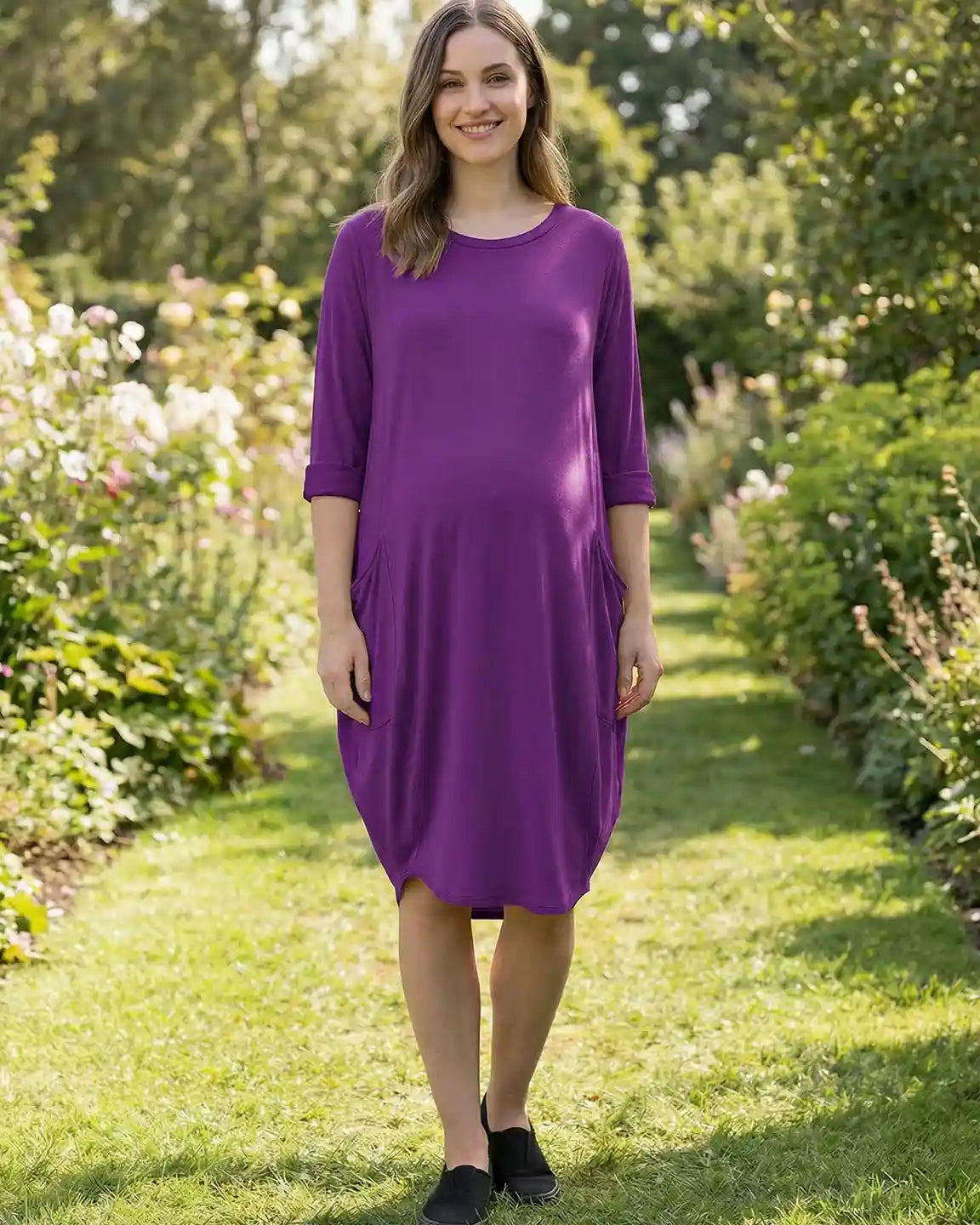 Pocketed Lantern Skirt Maternity Midi Dress