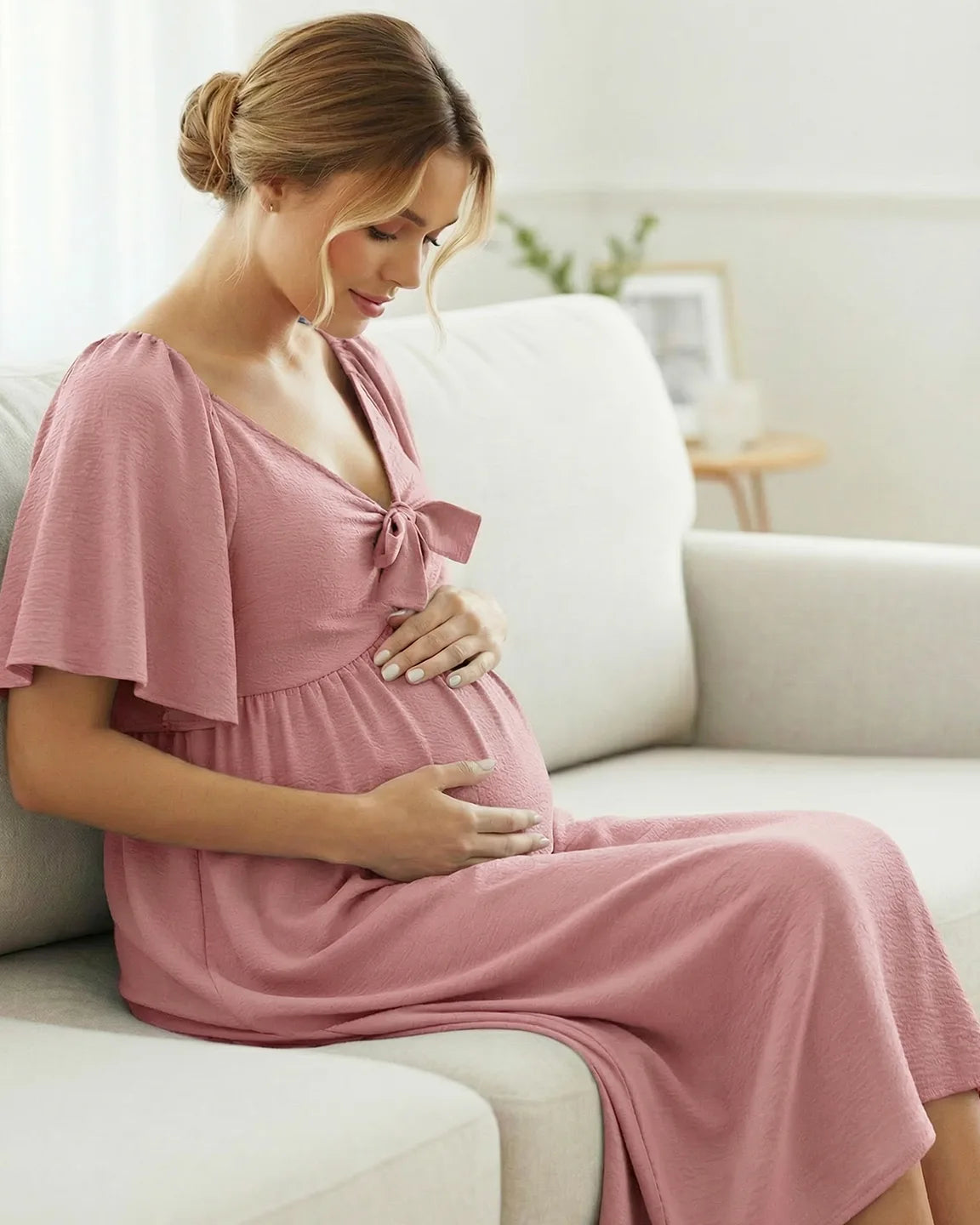 Tie-Knot Front Swing Silhouette Maternity Midi Dress