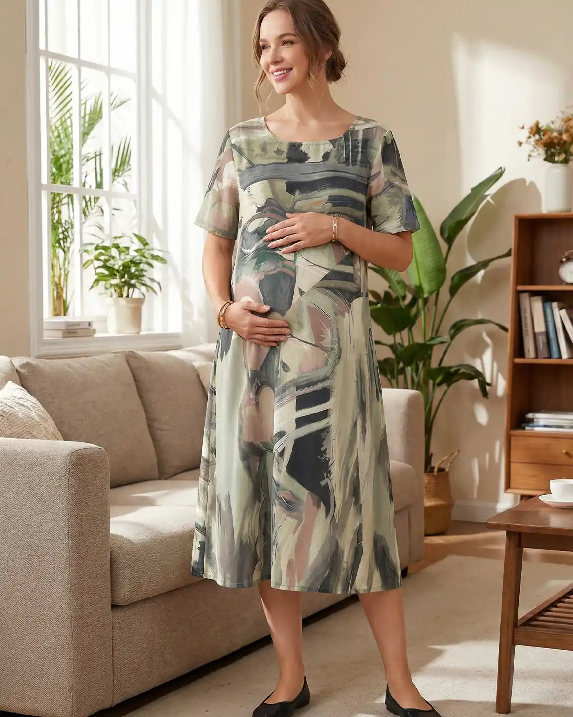 Gray Abstract Retro Style Maternity Midi Dress