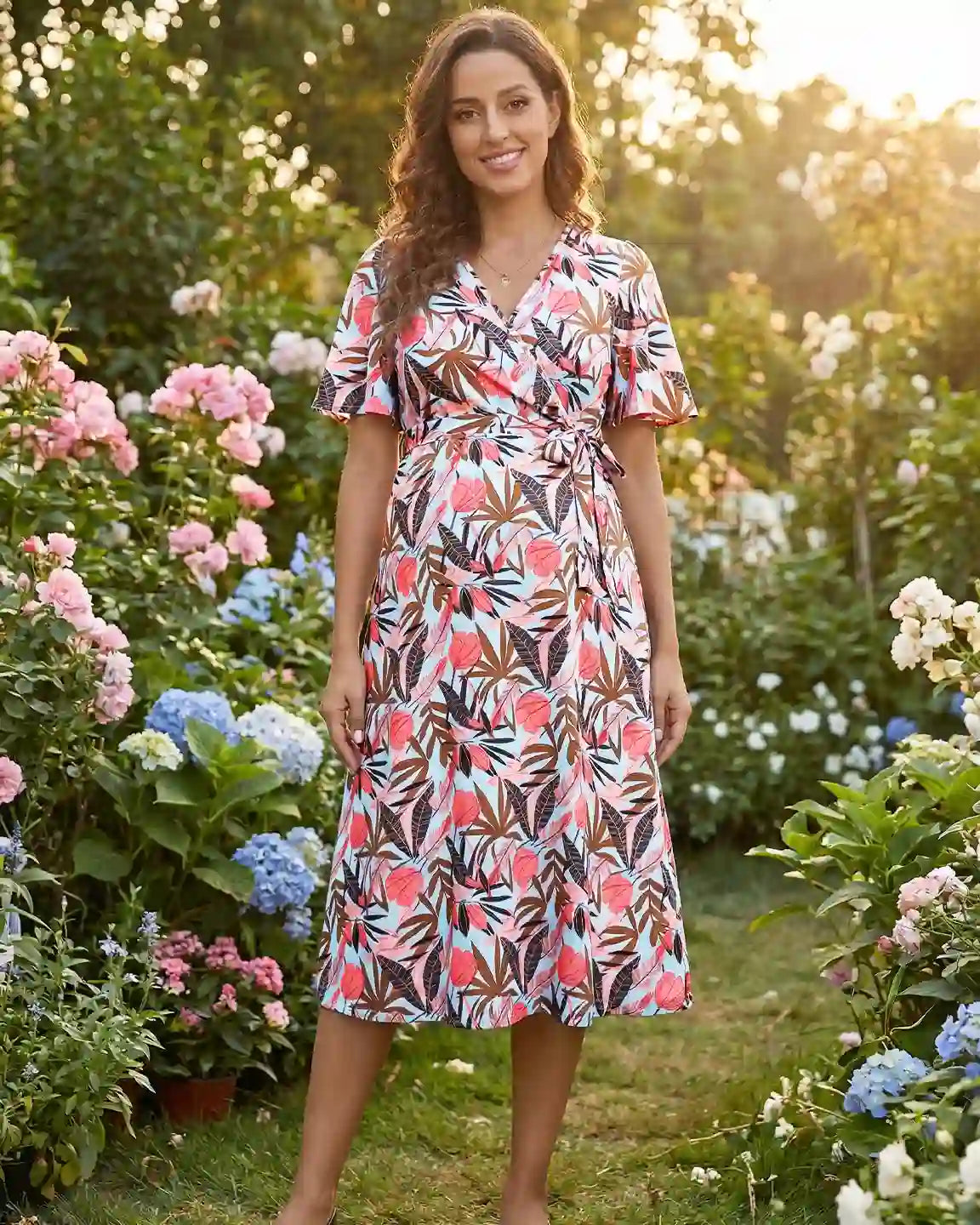 Side Tie Wrap Tropical Pattern Maternity Midi Dress