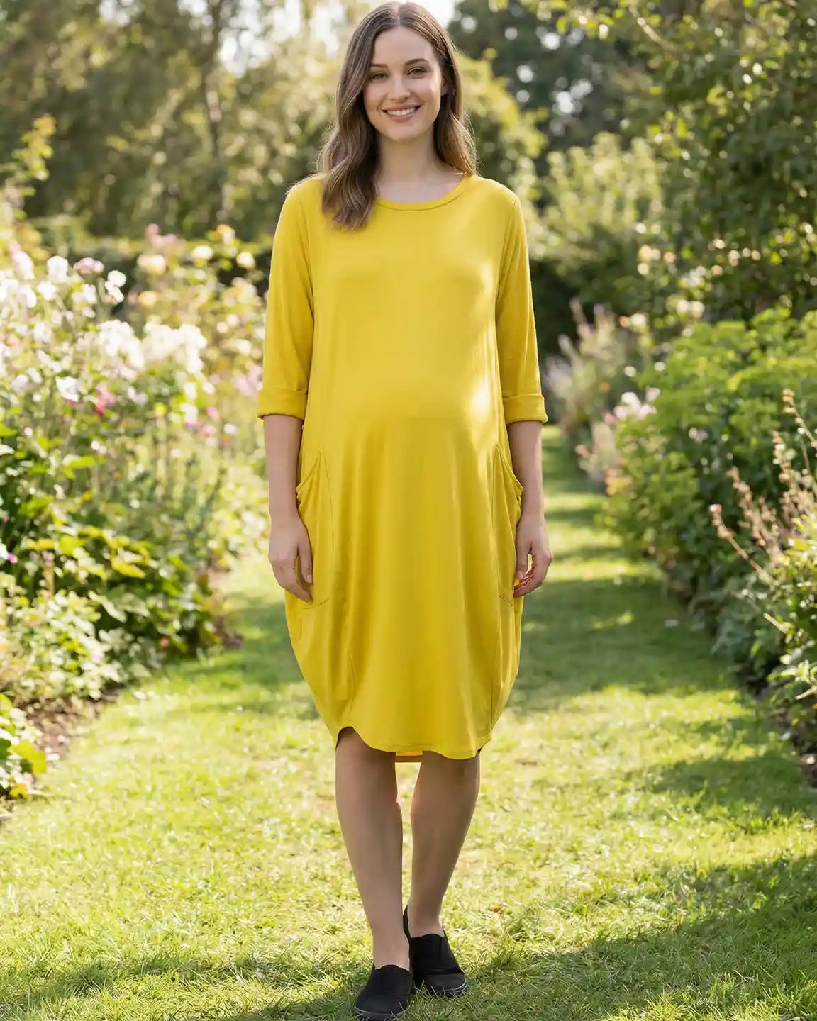 Pocketed Lantern Skirt Maternity Midi Dress