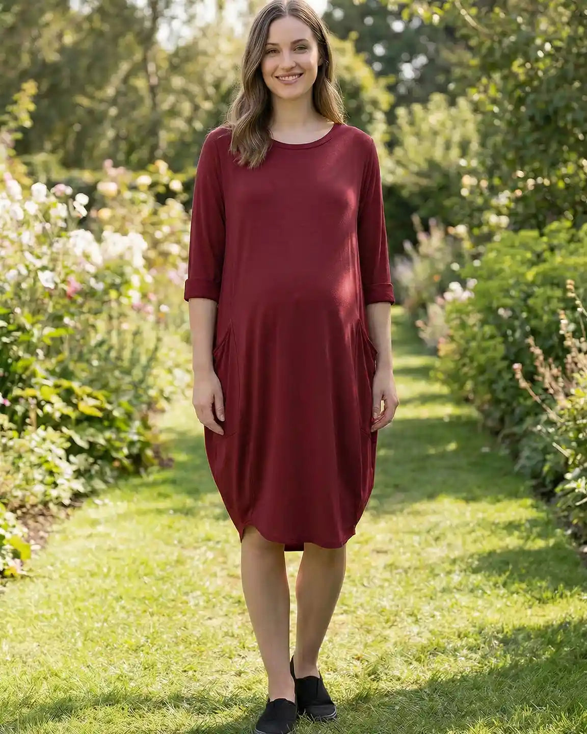 Pocketed Lantern Skirt Maternity Midi Dress