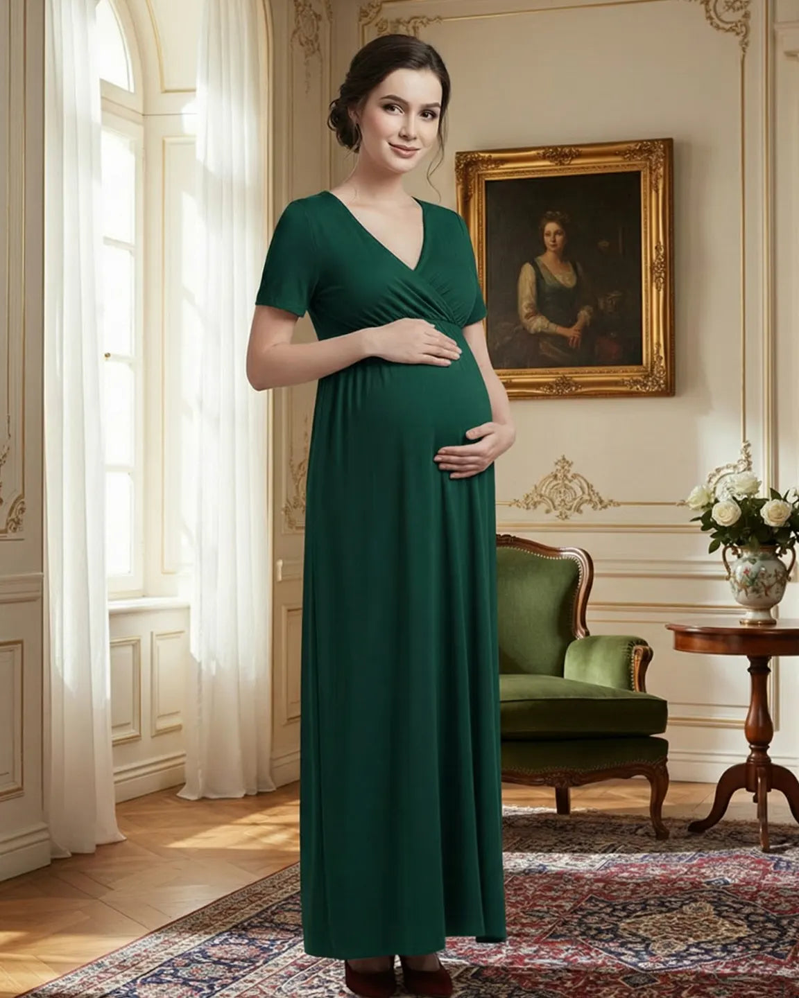 Crossover V-Neck Flowy Silhouette Maternity Maxi Dress